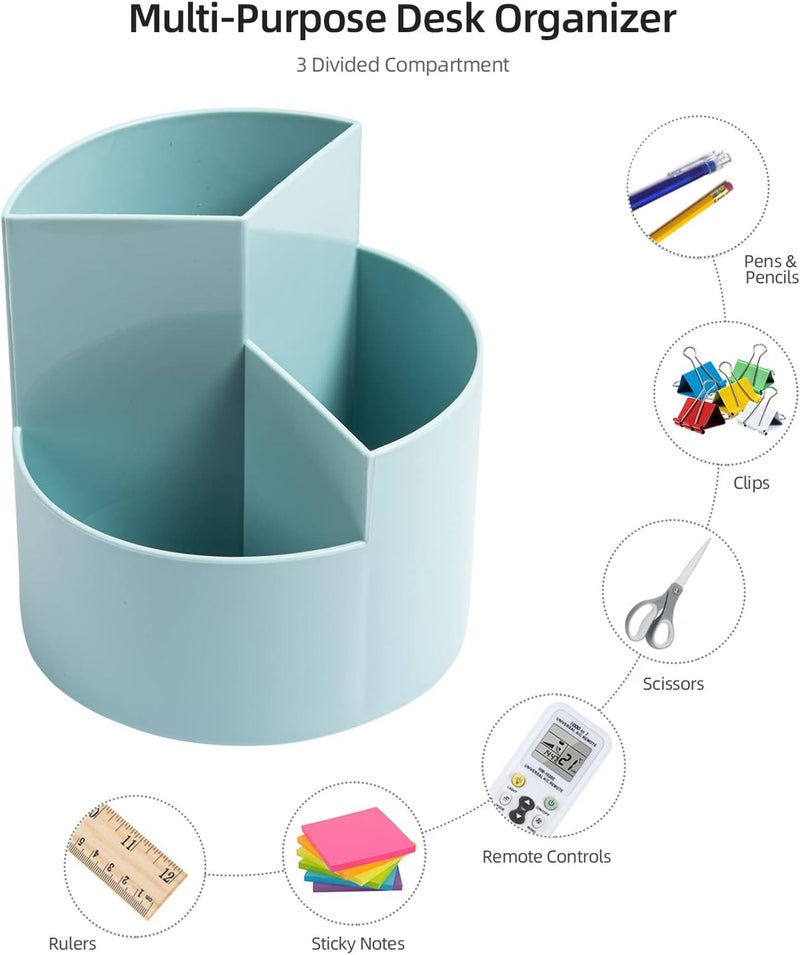 EDENMS Desk Pencil Pen Holder, 3-Slot 360 Spinning Desk Organizer, Cute Pencil Cup Pot for Office, School, Art Supply - Blue - Image 3